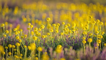 High quality photo of a vibrant field of yellow billy button flowers in full bloom, creating a picturesque scene of natures beauty on a sunny day in the countryside