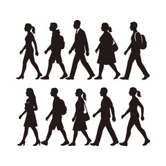 Diverse People Walking Side Profile Silhouettes collection, Showing Variety in Clothing, ages, professions and Body Types
