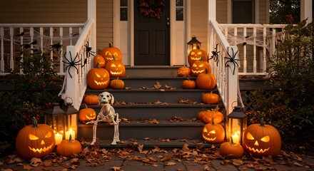 Obraz premium A Halloween decorated porch with pumpkins leaves spiders lanterns and a skeleton dog