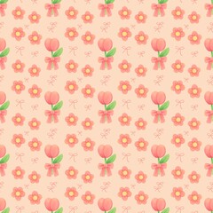 Cute Peach Floral and Heart Bouquet Seamless Pattern with Pink Bows