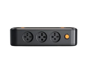 Compact, black power strip with three outlets and orange button