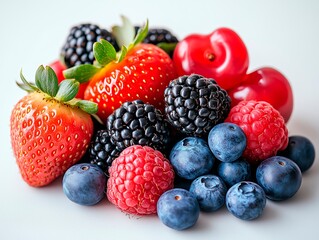 a group of fruits: strawberry, raspberry, blackcurrant, blackberry and cherry, blue berry, white background