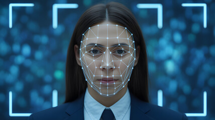 Biometric Recognition: A person undergoes a facial recognition process with a digital overlay, highlighting modern technological integration for authentication and security.
