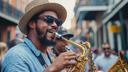 African male musician playing saxophone on vibrant street. Jazz Appreciation Month