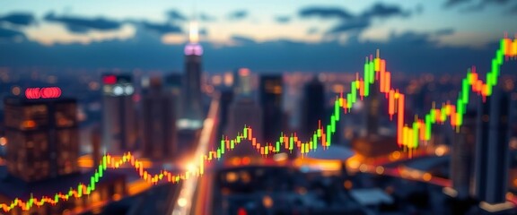 Abstract glowing forex candlestick chart overlaying a blurred cityscape at night,  financial market,  candlestick