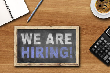 Job recruit concept with office desk. Business background. Top view from above