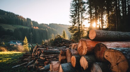 Stacked logs in a forest clearing at sunset, with sunlight streaming through tall trees and mountains in the background