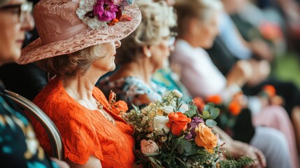Naklejka premium Elderly caucasian woman in elegant hat at outdoor event holding flowers. Vintage luxury fashion, Old Money