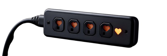 A dark, matte black power strip with three active outlets and a cable.  An amber heart graphic glows on one outlet