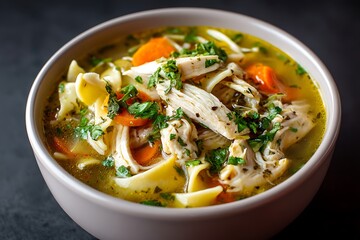 A steaming bowl of delicious chicken noodle soup, complete with tender chicken, savory broth, and fresh noodles, perfect for a cozy lunch.
