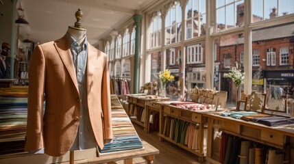 A stylish suit jacket on a mannequin is displayed in a bright, elegant fabric store with large windows and colorful textiles neatly arranged
