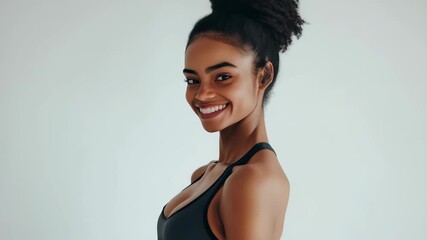 Portrait young, smiling woman wearing fitness clothing. picture's bright, natural light creates joyful, sporty mood, making it perfect for health, beauty, active life visuals. - Powered by Adobe