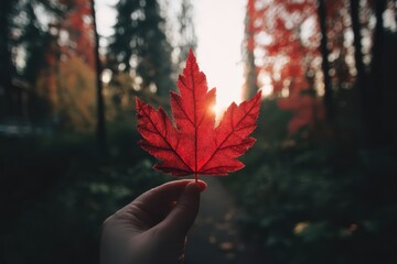 A hand holds a vibrant red maple leaf against a sunlit forest background, capturing the essence of autumn in nature
