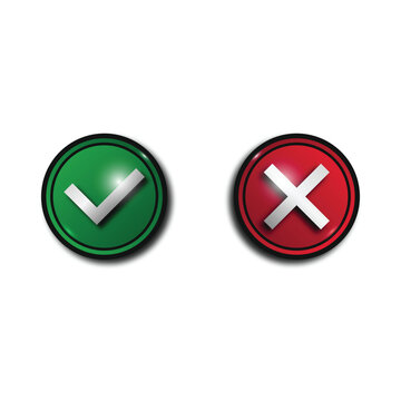 Green and red round buttons with a black frame, glares and Tick and Cross. A vector round buttons with a gradient, isolated on the white background