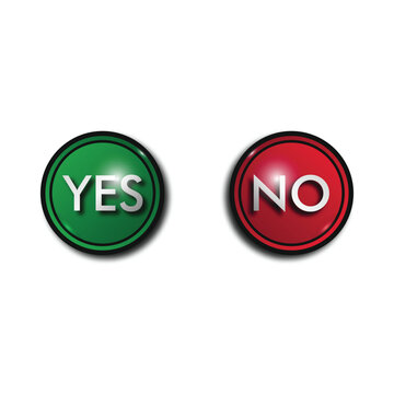 Green and red round buttons with a black frame, glares and words YES and NO. A vector round buttons with a gradient, isolated on the white background