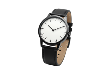 Elegant black wristwatch featuring a clean white dial, black markers, and a black leather strap with a beige inner liningon transparent background.