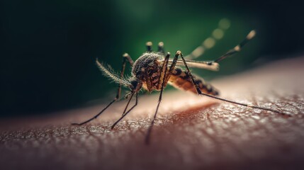 Macro Portrait of Mosquito on Skin with Green Tones - Ultra Detailed Close-Up Photography of Dangerous Insect - Scientific 8K Image