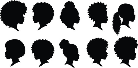 Black hairstyle silhouette set, afro bun curly short hair, diverse texture styles, head profile icons, cad drawing vector illustration
