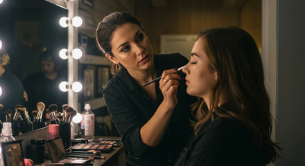 Makeup artist applying beauty cosmetic on face model in studio with brushes and mirror for glamour look