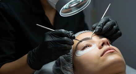 Eyebrow shaping micro blading beauty salon eyelashes extensions treatment procedure cosmetic enhancement face