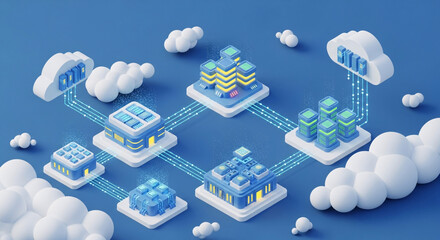 Isometric 3D cloud computing infrastructure with interconnected data centers server racks and glowing network lines.