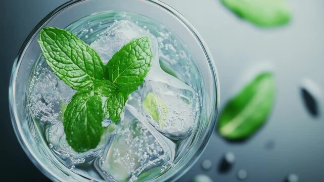 Ice cold mint flavored drink with lemon and green mint leaves garnish on a table.