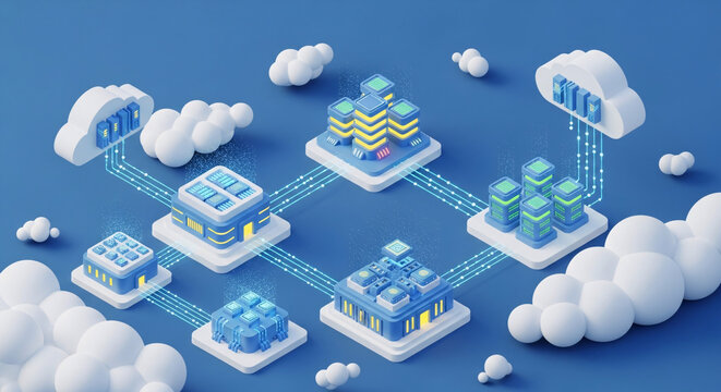 Isometric 3D cloud computing infrastructure with interconnected data centers server racks and glowing network lines.