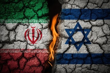 The cracked flags of Iran and Israel are separated by a burning divide, symbolizing intense conflict and tension between the two nations