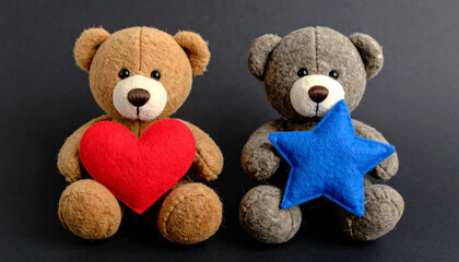 A plush toy holding a red heart in one hand and a blue star in the other, with a puzzled expression. A symbolic scene of emotional decisions and choices.