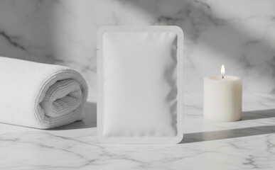 Blank Sheet Mask Packaging On Marble Background With Spa Towel And Candle