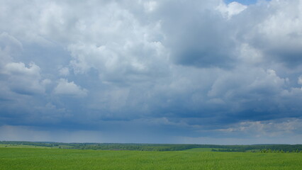 A Dramatic Cloudy Sky Stretches Over Expansive Green Fields in the Countryside Landscape
