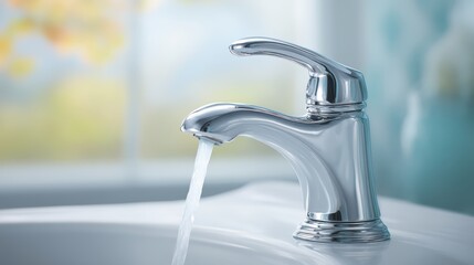 A chrome bathroom faucet with running water, set against a softly blurred background, creating a clean and refreshing atmosphere