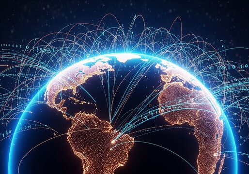 A glowing, dotted globe with data arcs and binary code, representing the digital network covering Earth. A concept for global communication, the internet, big data, and technological advancement.