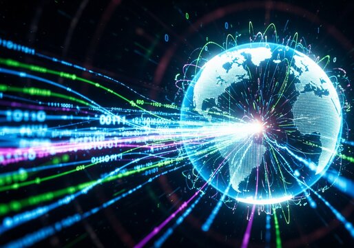 A glowing digital globe at the center of high-speed, colorful data streams and binary code. Symbolizes the information age, fast internet, data transfer, fiber optics, and global technology. - Powered by Adobe