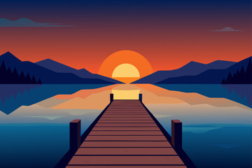 peaceful lake dock golden hour calm water sunset reflection