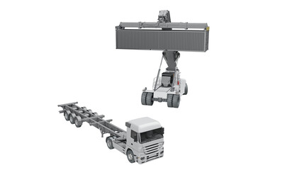 Industrial container being loaded onto trailer truck by handler, isolated on transparent background. 3D illustration.