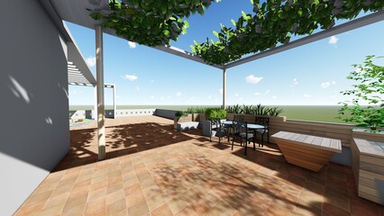 Urban Rooftop Garden Terrace with Pergola and Seating
