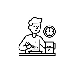 A person is depicted eating at a table with a clock on the wall and a mug with a face on the table