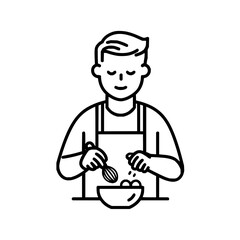 A person wearing an apron is mixing ingredients in a bowl with a whisk in a black and white line drawing