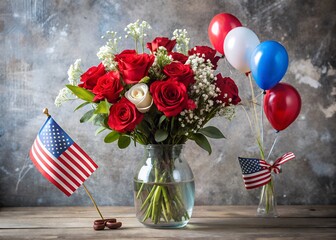 Patriotic bouquet of red and white roses with american flag and balloons