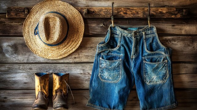 Hat, Boots, and Overalls on Wood Wall - Powered by Adobe