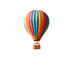Fototapeta premium Colorful hot air balloon illustration. A vibrant, multi-colored hot air balloon, with a basket underneath, against a black background. The balloon's fabric is striped in rainbow hues
