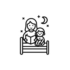 Mother reading a book to her child on a bed with a moon and stars in the background in outline style