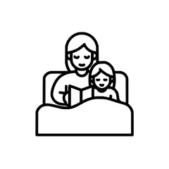 Mother reading a book to a child in bed under the covers in a black and white vector line drawing style