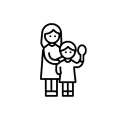 Illustration of a mother with her arm around a child holding a rattle, depicted in a minimalist style