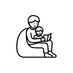 Illustration of a father and son sitting together on a beanbag chair and reading a book with smiles on their faces