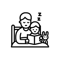 Illustration of a parent reading a book to a child in bed with a stuffed rabbit and sleep symbols above them