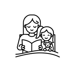 Illustration of a mother reading a book to her daughter who is holding a teddy bear in bed at night