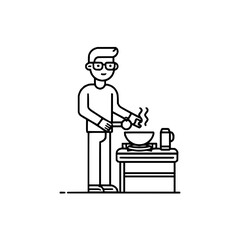 A man with glasses cooking in a wok on a stove with a container next to it in a line art illustration