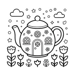Garden Coloring Page Featuring Watering Cans and Flowers - Flower Themed Printable Illustration